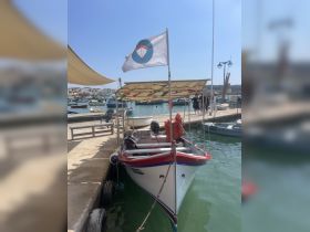 A vibrant boat docked at the marina, showcasing its colorful design and flag against a clear blue sky — perfect for exploring coastal waters.