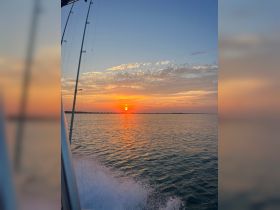 A stunning sunset view over calm waters, captured from the side of a boat, showcasing the serene beauty of a boating experience.