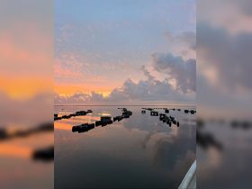 A stunning sunset reflects on calm waters, creating a picturesque scene with silhouettes of floating structures — perfect for capturing the beauty of nature.