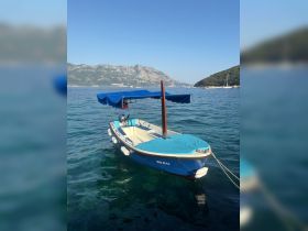 A picturesque view of a blue boat docked in clear waters, surrounded by stunning mountainous scenery — perfect for exploring coastal destinations.
