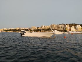 A sleek speedboat is docked in calm waters, with a picturesque coastal backdrop of buildings, ideal for exploring the beautiful shoreline.