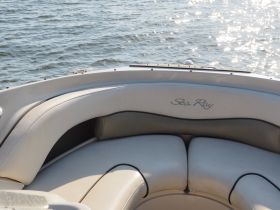 A close-up view of the plush seating inside a Sea Ray boat, showcasing comfort and style for a relaxing day on the water.