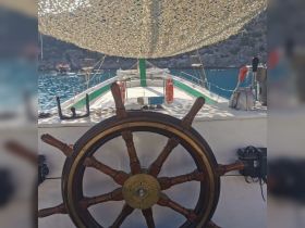 A detailed view of the helm on a boat, showcasing the wooden steering wheel and the serene waters in the background, perfect for those interested in nautical experiences.