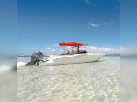 A sleek speedboat glides through crystal-clear waters, showcasing its elegant design and vibrant red canopy — perfect for a day of adventure on the water.