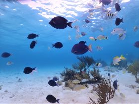 A vibrant underwater scene showcasing a variety of colorful fish swimming among coral, perfect for marine life enthusiasts and snorkeling adventures.