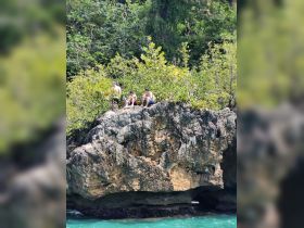 A group of friends enjoys a sunny day by the water, relaxing on a rocky outcrop — perfect for outdoor adventures and beach fun.