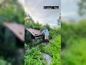 A man stands beside a structure on Dismal Key, surrounded by lush greenery. The image captures the natural beauty of the area, though the main subject and context are not clearly defined.
