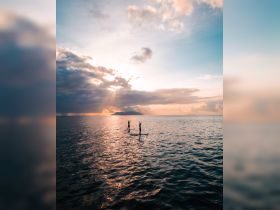 Two paddleboarders enjoy a stunning sunset on the water, with an island silhouette in the background — a perfect moment for adventure seekers and nature lovers.