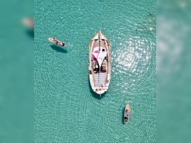 A stunning aerial view of a boat surrounded by crystal-clear turquoise waters, showcasing a perfect day on the water.