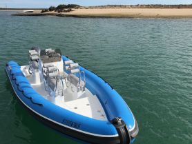 A sleek speedboat anchored in calm waters, showcasing its modern design and spacious seating — perfect for thrilling adventures on the water.