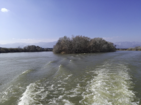 A serene view of a winding river with an island and distant mountains, showcasing the beauty of nature during a boat trip.