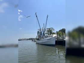 A fishing boat named 'Playboy' is docked at the marina, showcasing its structure against a clear blue sky — a perfect representation of coastal life.