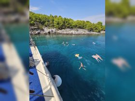 A lively scene of swimmers enjoying the crystal-clear waters, surrounded by lush greenery — perfect for a refreshing day on the water.