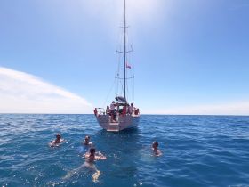 A lively group enjoys a refreshing swim in the ocean near a sailboat, capturing the essence of a perfect day on the water.