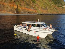 A lively group enjoys their time aboard the Volt Ray, surrounded by stunning coastal scenery — perfect for memorable outings on the water.