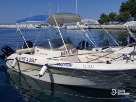 A well-maintained speedboat named 'Poseidon' docked in calm waters, perfect for rental and coastal tours.