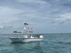 A sleek speedboat navigates through clear waters, showcasing its design and structure against a backdrop of a serene sky.