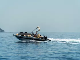 A speedboat glides through calm waters with a captain at the helm, showcasing the thrill of boating adventures on the open sea.