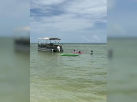 A group enjoys a fun day on the water, swimming and relaxing on a pontoon boat, perfect for family outings and summer adventures.