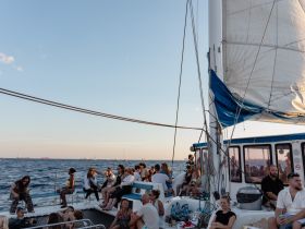 A lively group enjoys a sailing experience on a catamaran, creating unforgettable memories on the water with friends.