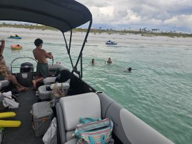 A lively group enjoys a day on the water, with some swimming and others relaxing on a pontoon boat near the beach — perfect for summer fun and water activities.