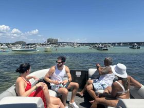 A lively group enjoys a day on a pontoon boat, taking in the beautiful scenery and vibrant atmosphere of a busy waterway.