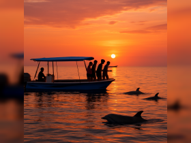 A group of friends enjoys a stunning sunset while observing dolphins from their boat — a perfect moment for adventure and wildlife encounters on the water.