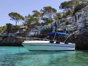 A sleek speedboat anchored in crystal-clear waters, surrounded by lush greenery and rocky cliffs, perfect for exploring coastal destinations.