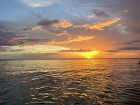 A stunning sunset over calm waters, showcasing the beauty of nature — perfect for romantic evening cruises or peaceful reflections on the water.