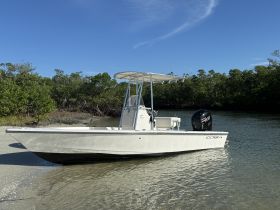 A pristine Cobia boat docked in shallow waters, surrounded by lush mangroves, perfect for fishing or leisurely outings.
