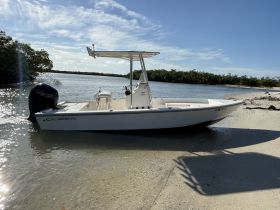 A sleek Cobia boat rests on the shore, showcasing its design against a serene backdrop of mangroves and clear waters, ideal for fishing or leisure outings.
