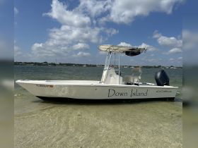 A sleek Cobia boat named 'Down Island' docked on a sandy shore, showcasing its design against a beautiful sky — perfect for day trips and fishing adventures.