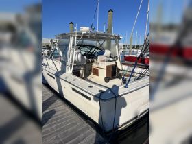 A detailed view of a docked boat showcasing its structure and features, perfect for boat enthusiasts and potential renters.