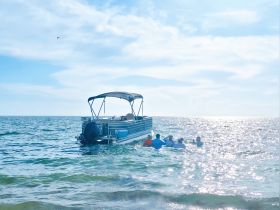 A lively group enjoys a fun day in the water near a pontoon boat, creating memorable moments under the sun.