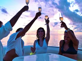A joyful group toasts with champagne glasses against a stunning sunset backdrop, capturing the essence of celebration on the water.