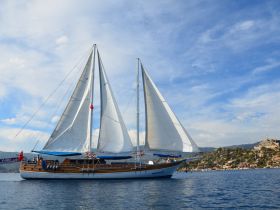 A stunning sailboat glides through calm waters, showcasing its elegant sails against a picturesque backdrop of coastal scenery.