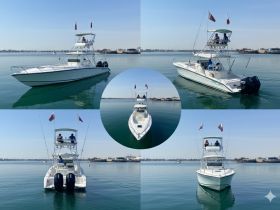 A sleek speedboat is showcased from multiple angles, gliding smoothly across calm waters, ideal for fishing or leisure outings.