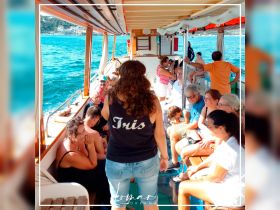 A lively group enjoys a boat trip, with guests engaged in conversation and relaxation aboard the vessel — perfect for social outings and memorable experiences on the water.