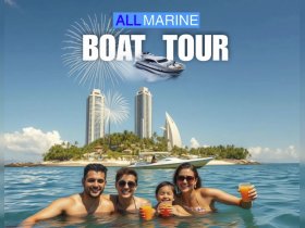 A joyful family enjoys a boat tour, celebrating with cocktails in the water against a stunning tropical backdrop — perfect for memorable family outings.