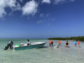 A lively group enjoys a sandbar stop, interacting and relaxing in shallow waters near their boat — a perfect day for beach fun and exploration.