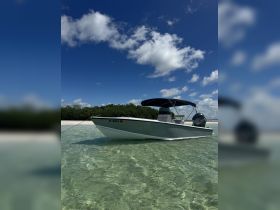 A sleek boat anchored in crystal-clear waters, showcasing its design against a backdrop of blue skies and lush greenery — perfect for a day of exploration.