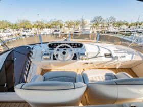 A well-equipped helm area of a boat featuring comfortable seating and modern controls, ideal for navigating the waters with ease.