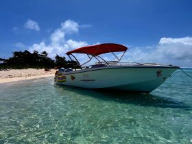 A sleek speedboat rests on the clear waters near a sandy beach, showcasing the perfect setting for a day of fun on the water.