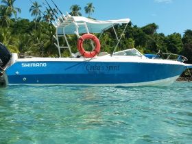 A vibrant blue speedboat named 'Coiba's Spirit' docked in clear turquoise waters, surrounded by lush greenery — perfect for fishing or island adventures.