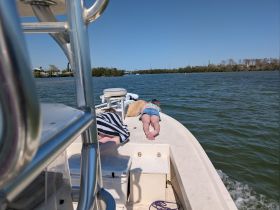 A child and a dog enjoy a relaxing moment on the bow of a boat, soaking in the sun and the scenic views — a perfect snapshot of family fun on the water.
