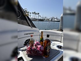 A selection of drinks and snacks arranged on the deck of a Chaparral boat, perfect for a relaxing day on the water. Ideal for parties or celebrations.
