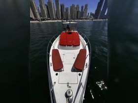 A sleek speedboat with red seating is showcased against a backdrop of stunning skyscrapers, perfect for luxury outings on the water.