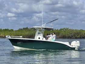 A group of friends enjoys a day on the water aboard a sleek boat, navigating through scenic mangroves — perfect for fishing or leisurely cruises.