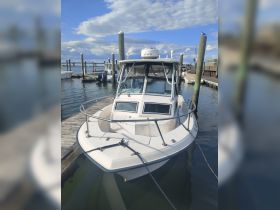 A clear view of a speedboat docked at the marina, showcasing its sleek design and ready for adventure on the water.