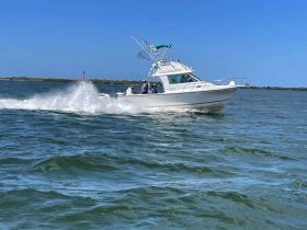 A speedboat glides through the water, showcasing an exciting day on the water with friends or family. Perfect for fishing trips or leisurely cruises.